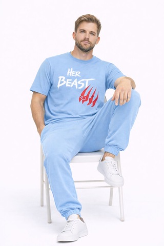 Sevgili Kombini Her Beast His Beauty Oversize Çift Tişört Unisex Mavi