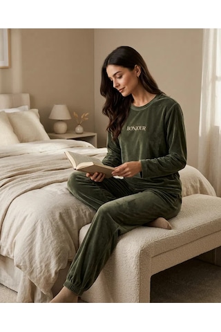 Kadın Haki Kadife Pijama Takımı