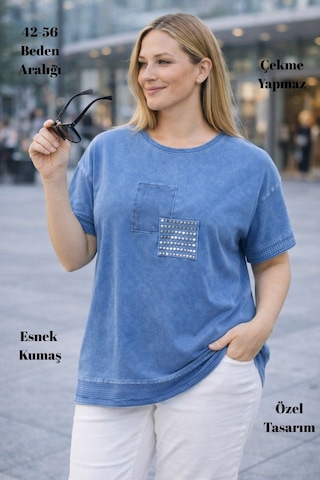Cedy Denim Cedy - Kadın Özel Tasarım Esnek, Pul Payet, Dantel Detaylı Yıkamalı Büyük Beden Tişört Mavi
