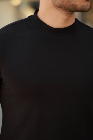 Efnaz Style Erkek Ince Çizgi Dokulu Kısa Kollu T-shirt Siyah