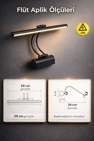 Merwish Flüt Led Aplik 50 Cm Duvar Aydınlatma 6500k Beyaz Işık Kablo Bağlantılı 220v Modern Tasarım Siyah