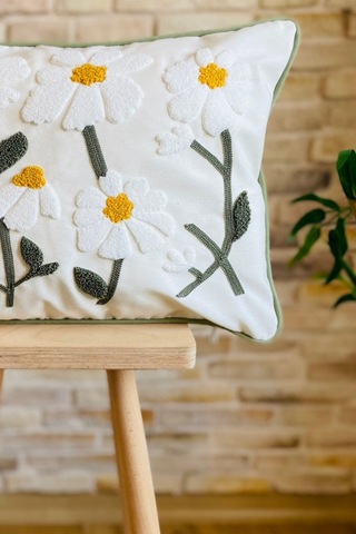 Swita Home Punch İşlemeli Tekli Dekoratif Papatya Desen Kırlent Kılıfı Panç Yeşil - Beyaz