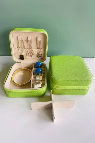 Chavin Yeşi Deri Seyahat Yüzük Küpe Kolye Takı Kutusu St1-64ys Yeşil