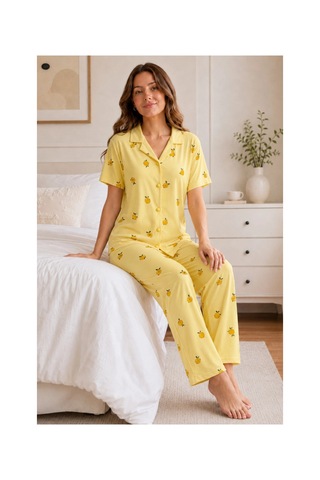 Angbutik Sarı Limon Desenli Kısa Kollu Gömlek Yaka Milan Kumaş Kadın Pijama Takımı
