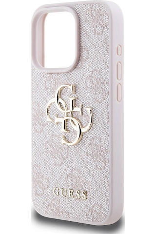 Apple Uyumlu iPhone 15 Pro Kılıf Guess Lisanslı Pu Deri Yazı Ve 4g Metal Logolu Desenli Kapak Pembe
