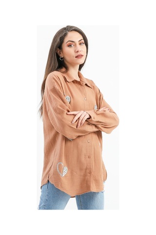 Taşlı Kalp İşlemeli Keten Gömlek - Vizon-vizon Vizon