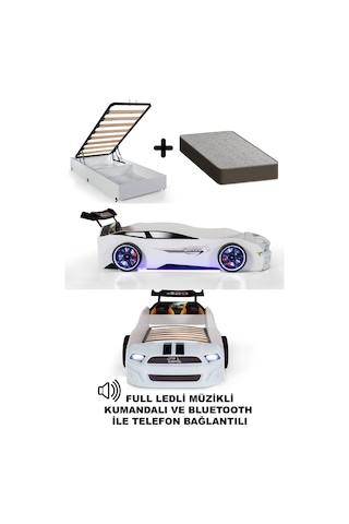 Beyaz Arabalı Yatak Sport Mst Full Ledli Kumandalı Baza Ortopedik Yatak 90x190 Cm