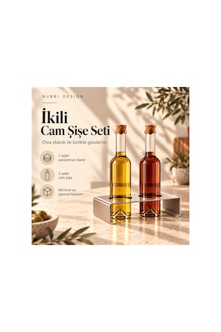 Olva Paslanmaz Çelik İkili Yağlık Seti Cam Şişeli Modern Tasarım Minimalist Zeytinyağı Ve Sirkelik Standı Gri - 935569786 Gri