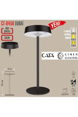 Cata Ct 8450 Dubai Solar Şarjlı Masa Lambası 6400k-3200k-amber