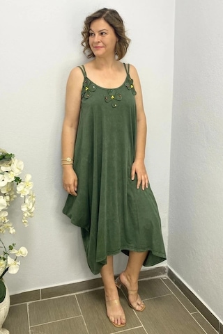 Mia Butik Büyük Beden Haki Pamuklu Şalvar Kesim Çiçekli Elbise Haki