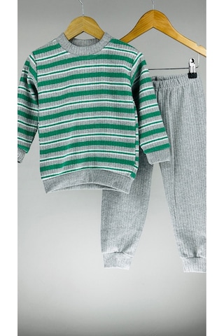 %100 Pamuklu Çizgili Uzun Kollu Kışlık Bebek Çocuk Takım 001