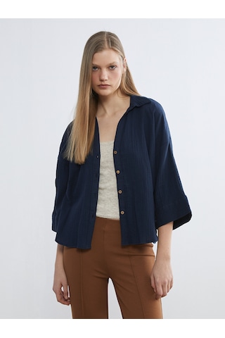 Lcw Vision Lacivert Dokulu Oversize Kadın Gömlek