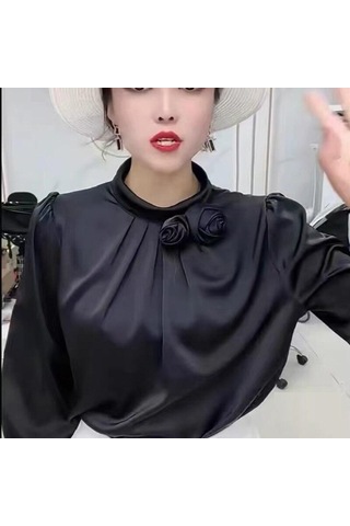 Zarif Ofis Kadın Çiçek Dekorasyon Saten Bluz Şifon Gömlek Kadın Üstleri Sonbahar Standı Yaka Uzun Kollu Elbise 23174 Beyaz