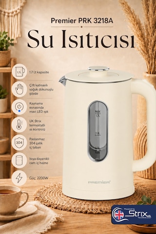 Premier PRK 3218A 1.7 L Isıya Dayanıklı Cam Hazneli Led Işıklı Su Isıtıcısı Kettle