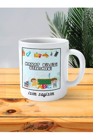 Hayat Bilgisi Öğretmeni Baskılı Kupa Bardak İsimli Kişiye Özel Okul Çantası Askı Çok Renkli