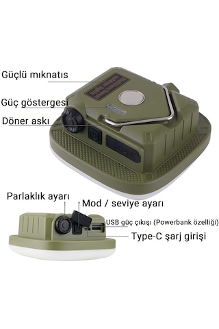 D83-1 Şarjlı Manyetik Kamp Lambası Powerbank Özellikli Led Işık Taşınabilir Çadır Aydınlatma Siyah