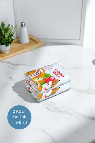2li Paket Baskılı Beyaz Mutfak Havlusu Modeli Good Day