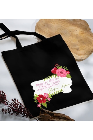 Bk Gift Kişiye Özel İsimli Anneler Günü Tasarımlı Siyah Kumaş Bez Çanta, Baskılı Omuz Çantası, Alışveriş Çantası, Anneler Günü Hediyesi, Anneye Hediye-6