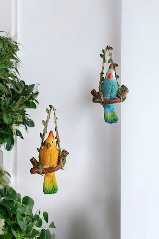 2 Adet Dekoratif Sallanan Duvar Ve Bahçe Süsü Papağan Sarı-mavi