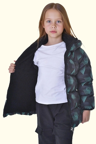 Kız Çocuk Dijital Desen Polar Su Ve Rüzgar Geçirmez Kapüşonlu Şişme Kışlık Mont Siyah - Yeşil