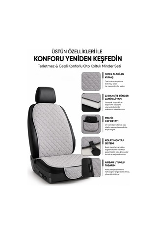 Terletmez Cepli Oto Koltuk Minder Seti Kolay Montaj Universal Koruyucu Kılıf Kumaş Açık Gri