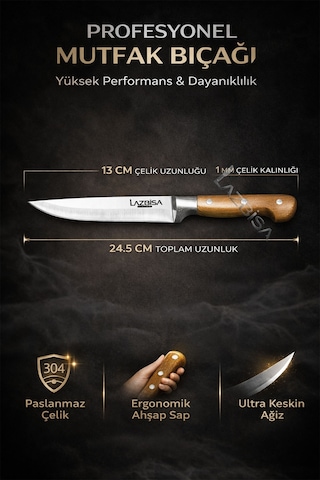 Lazbisa Mtf-003 Hand Craft Mutfak Bıçak Seti Et Ekmek Sebze Meyve Bıçağı 3 Lü Set Günlük Kullanım