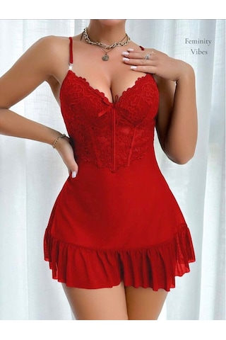 İntive Lingerie Sugar Cool Transparan Tülden Volan Detaylı Mini Gecelik Sabahlık Kırmızı
