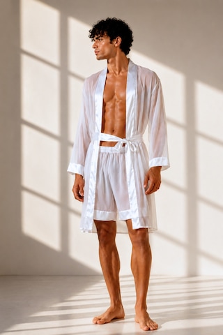 Qmen Style Erkek Şifon Kimono- Pijama - Şort Seti Beyaz