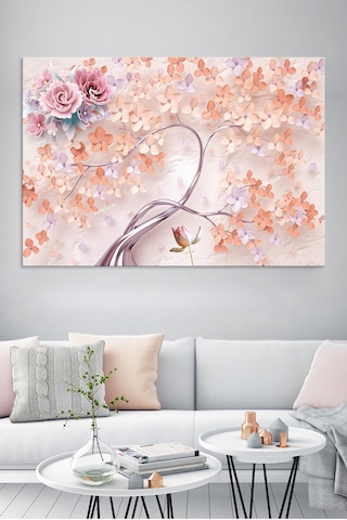 Kabartma Görünümlü Üç Boyutlu Pembe Çiçekler Kanvas Tablo 120 x 80