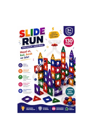 Slide Run 130 Parça Manyetik Blok Seti Bilye Parkuru Ve Yapı Oyuncağı 3+ Yaş