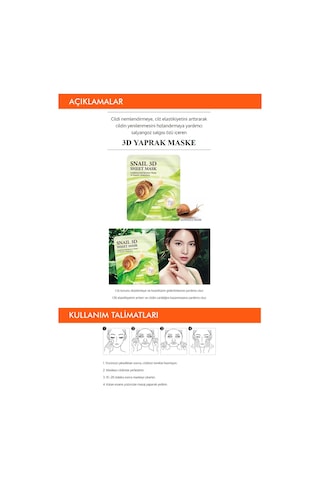 Missha Salyangoz Salgısı Özü İçeren Nemlendirici Yaprak Maske 23 G Snail Healing 3D Sheet Mask