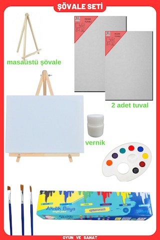 Resim Boya Seti - Mini Masa Şövalesi, 2 Tuval, Resim Verniği, Akrilik Boya Palet, Masaüstü Şövalye