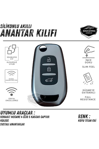 Renault Megane 4 Clio 5 Kadjar Captur Kaleos Anahtar Uyumlu Silikon Anahtar Kılıfı Oto Anahtar Kabı Darbe Emici Anahtarlık Koyu Titan Gri 00
