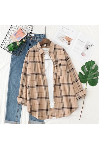 Haki Qooth Kadın Sonbahar Kış Fırçalanmış Ekose Bluz Retro Zarif Gevşek Uzun Kollu Gömlek Ceket Qt1910 Haki