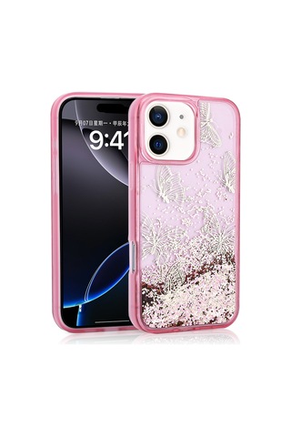 Zore Apple iPhone Uyumlu 12 Kılıf Sıvılı Simli Kelebek Baskılı Şeffaf Arka Yüzey Omsy Glis Silikon Kapak - Mor