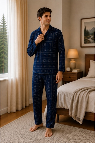Free Beka Ekose Desenli Uzun Kollu Gömlek Yaka Düğmeli Erkek Pijama Takımı Lacivert