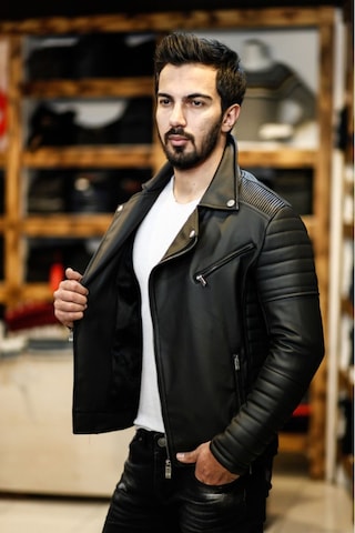 Oliggopol Erkek Siyah Çapraz Fermuar Deri Ceket Kuzey Model Siyah