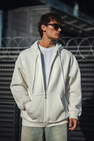 Blacktree Oversize Tam Fermuarlı Uzun Kol Hırka - Beyaz Beyaz