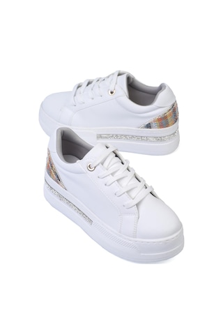 Shoetek Olala Kadın Sneakers Bağcıklı Arka Desenli Spor Ayakkabı Beyaz Deri Beyaz