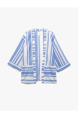Koton Pamuklu 3/4 Geniş Kollu Nakış İşlemeli Desenli Uzun Kimono Mavi Desenli 5sak50031pw Mavi Desenli