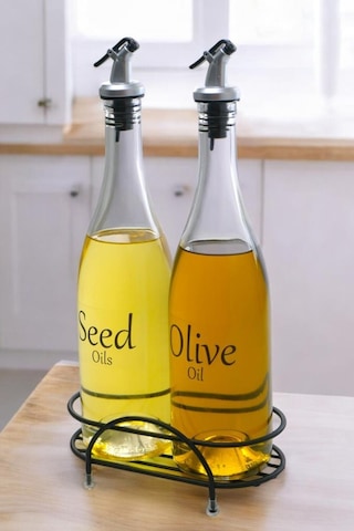 Digithome Pure 2'li Siyah Metal Standlı Yağdanlık Seti Şeffaf Etiketli Cam Yağlık 750 Ml Cys-13 Siyah