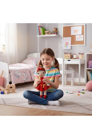 Kırmızı Elbiseli El İşi Amigurumi Oyuncak Kız Bebek Kırmızı