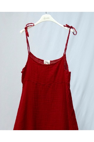 %100 Pamuk Müslin Nefes Alır Kadın Askılı Gecelik Elbise Pijama Rahat, Şık Gots Sertifikalı Kırmızı