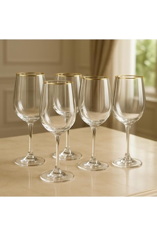 Kristal Ayaklı Bardak Altın Yaldızlı 350 Ml 6 Adet Şeffaf