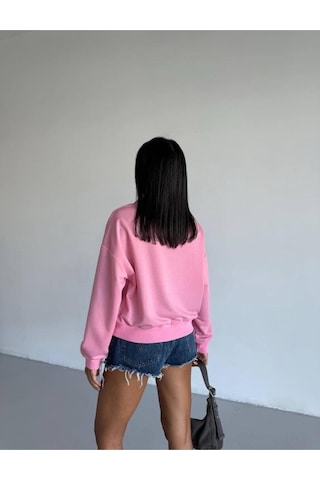 Esa35takı Kadın Bisiklet Yaka Sweatshirt Pembe