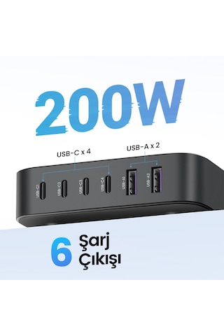 Ugreen Nexode 200W GaN II 6 Portlu Masaüstü Hızlı Şarj Cihazı İstasyonu