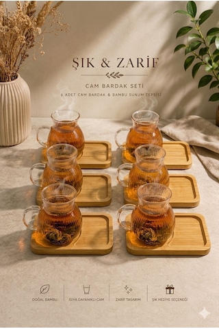 Morponi 6 Lı Cam Çay Ve Kahve Fincanı Bambu Altlıklı Sunum Seti 150 Ml Şeffaf Cam