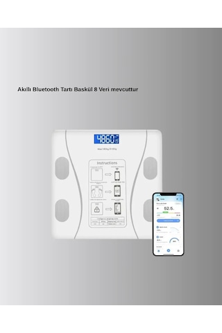 Akıllı Dijital Baskül Bluetooth Bağlantılı, 8 Ölçüm Verili, Akıllı Vücut İz Tartısı Çok Renkli