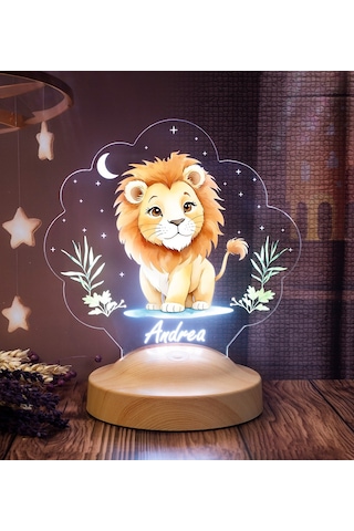Sevimli Aslan Tasarımlı İsimli Çocuk Odası Gece Lambası, Aslan Bebek Doğum Günü Hediyesi Led Lamba