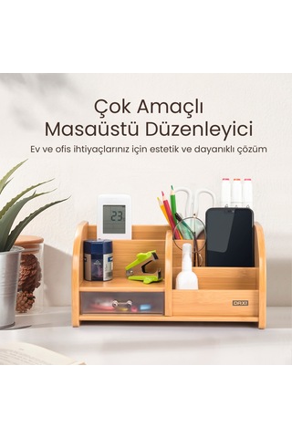 Bambu Ahşap Çekmeceli Masaüstü Kalemlik